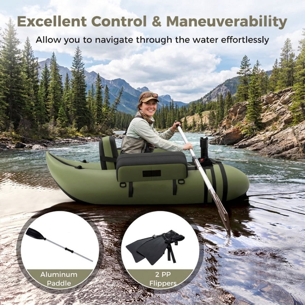 Airfind Inflatable Fishing Float Tube with foot pump and fish ruler plus mesh pockets and 350 lb heavy-duty PVC float seat for lake and pond bass fly fishing, Green