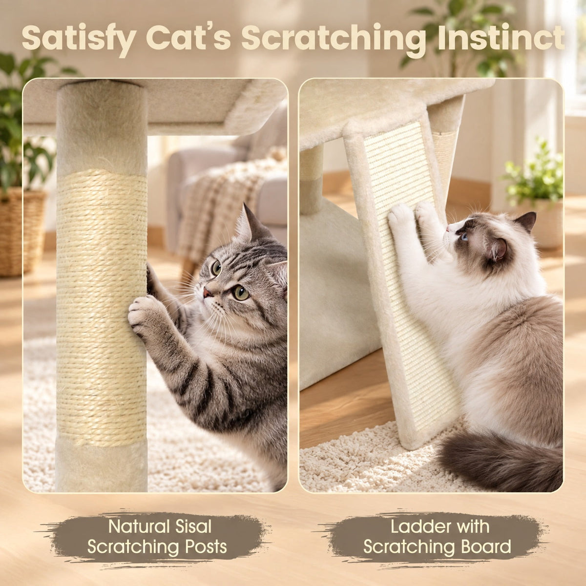 Airfind 65 Inch Tall Multi-level Cat Tree with 3 Upholstered Perch and 2 Cat Condos, Fabric Sisal Engineered Wood Overall Height 65 Inch Base Frame