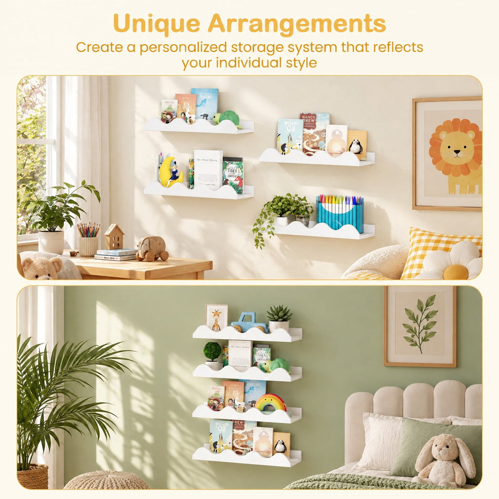 Airfind 16 Inch Kids Bookshelf Set of 4 Floating Nursery Book Shelves for Decoration Book Toy Storage, 11 lbs Capacity, Fir Wood Frame, White