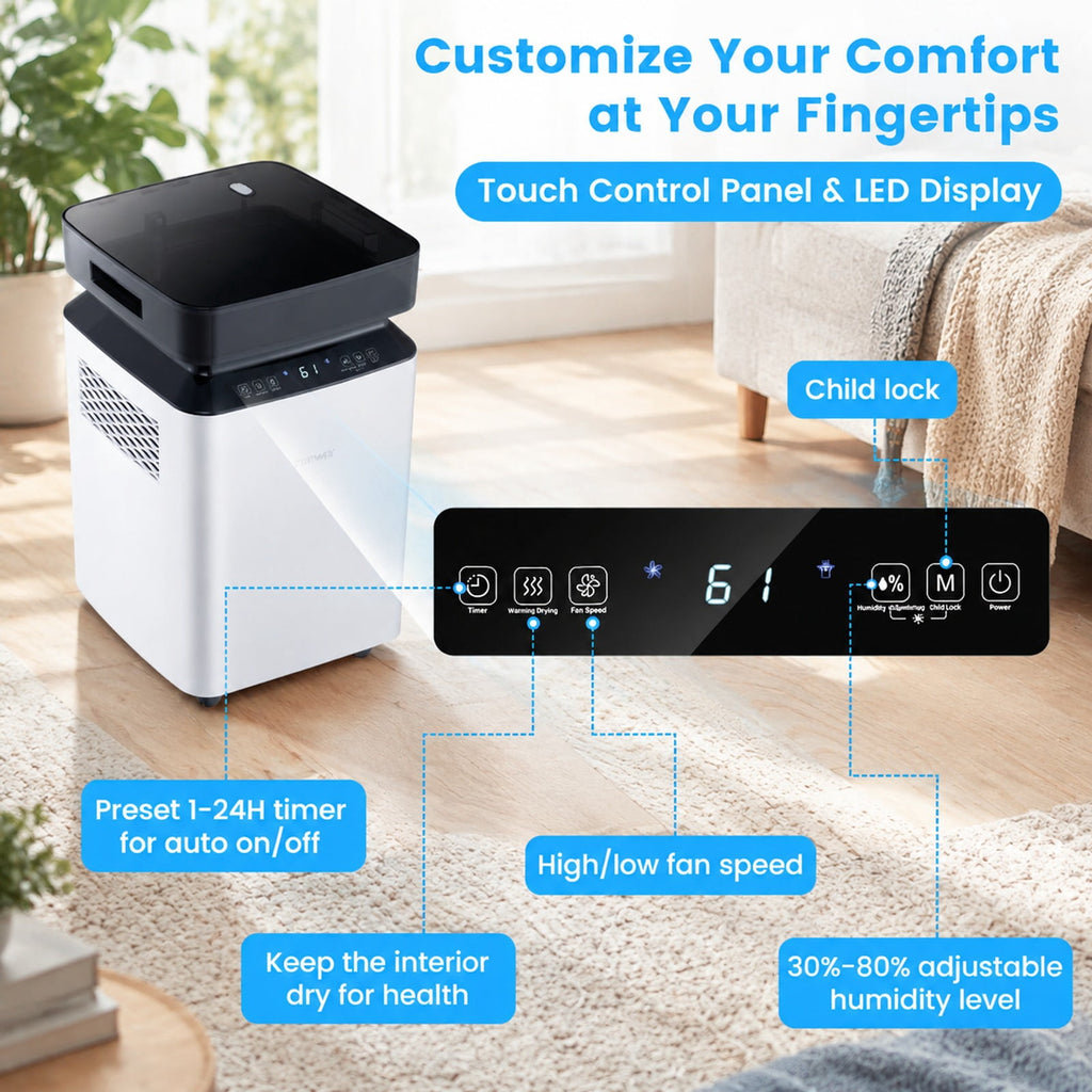 Airfind 70/90 Pint 4500/6000 Sq. Ft Dehumidifier with Continuous and Auto Mode-70 Pints, ABS Frame, 13 Inch x 12 Inch x 21.5 Inch (L x W x H) Dehumidify, White