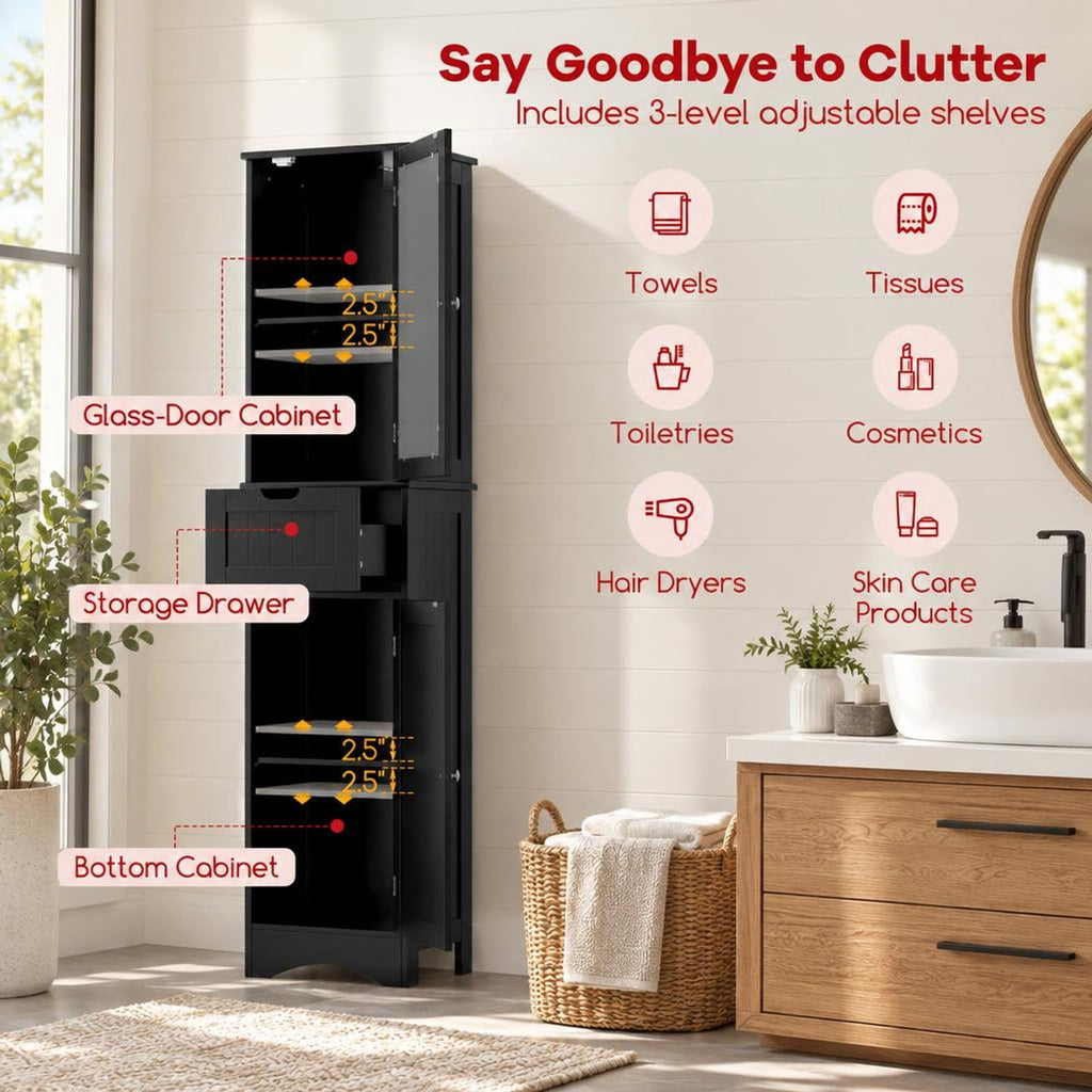 Airfind Tall Floor Storage Cabinet with 2 Doors and 1 Drawer for Bathroom, MDF Tempered Glass Frame, 16in x 12in x 67in Footprint, Black
