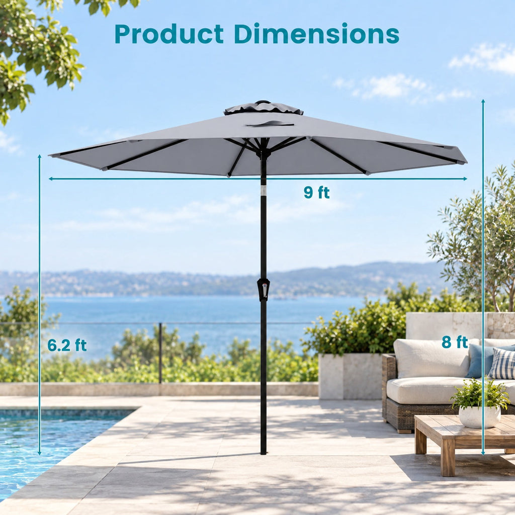 Airfind 9 FT Outdoor Market Patio Table Umbrella Push Button Tilt Crank Lift, Iron Polyester Fabric Frame, Gray
