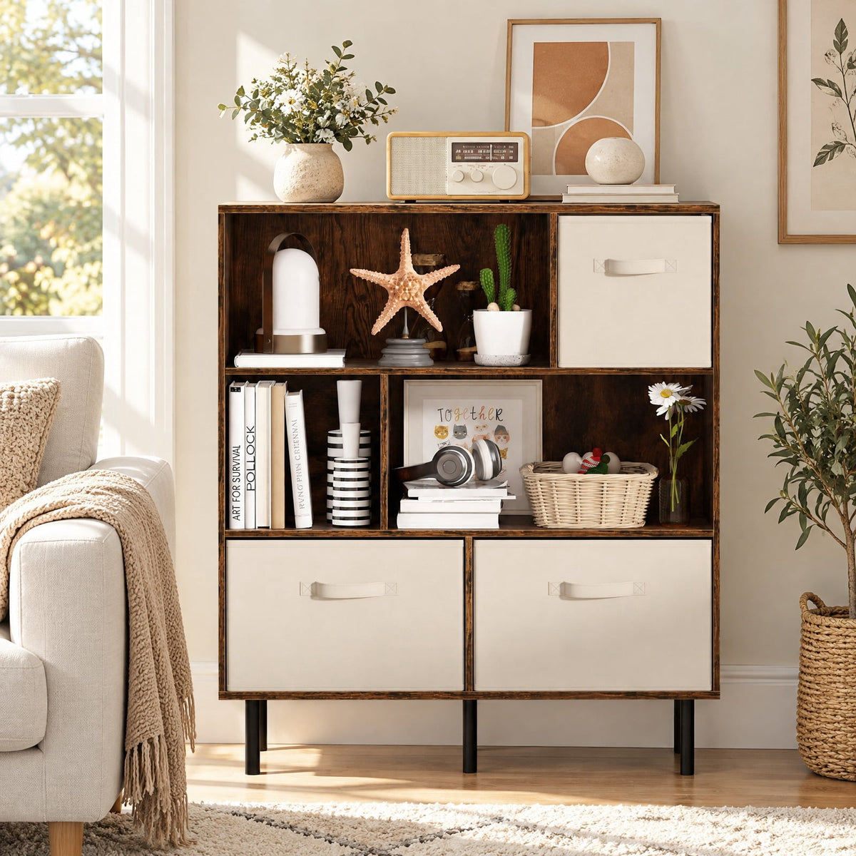 Airfind 6-Cube Bookshelf with 3 Removable Folding Fabric Drawers for Living Room, 330 lbs Capacity, Metal Engineered Wood Frame, Brown