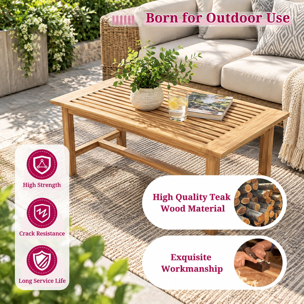 Airfind Patio Coffee Table 36 Inch Rectangular Outside Side Table with Slatted Tabletop, 145 lbs Capacity, Teak Wood Frame, Coffee