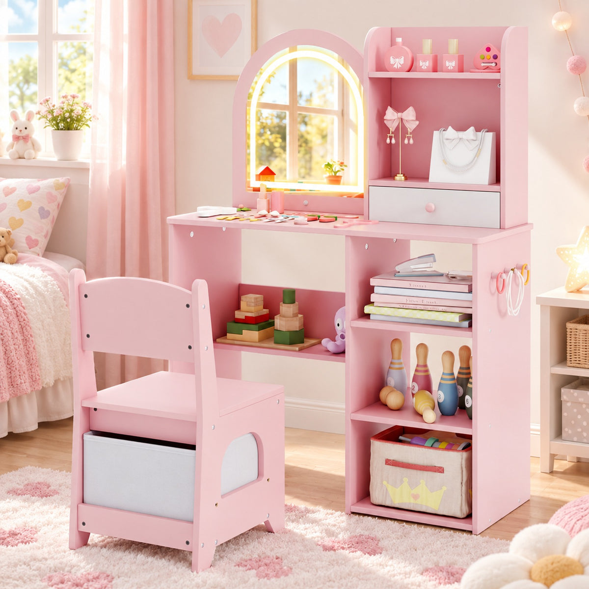 Airfind Kids Vanity Set Princess Girls Makeup Vanity Desk with Chair and 3-Color LED Lighted Mirror, 45 lbs Capacity, MDF Frame, Pink