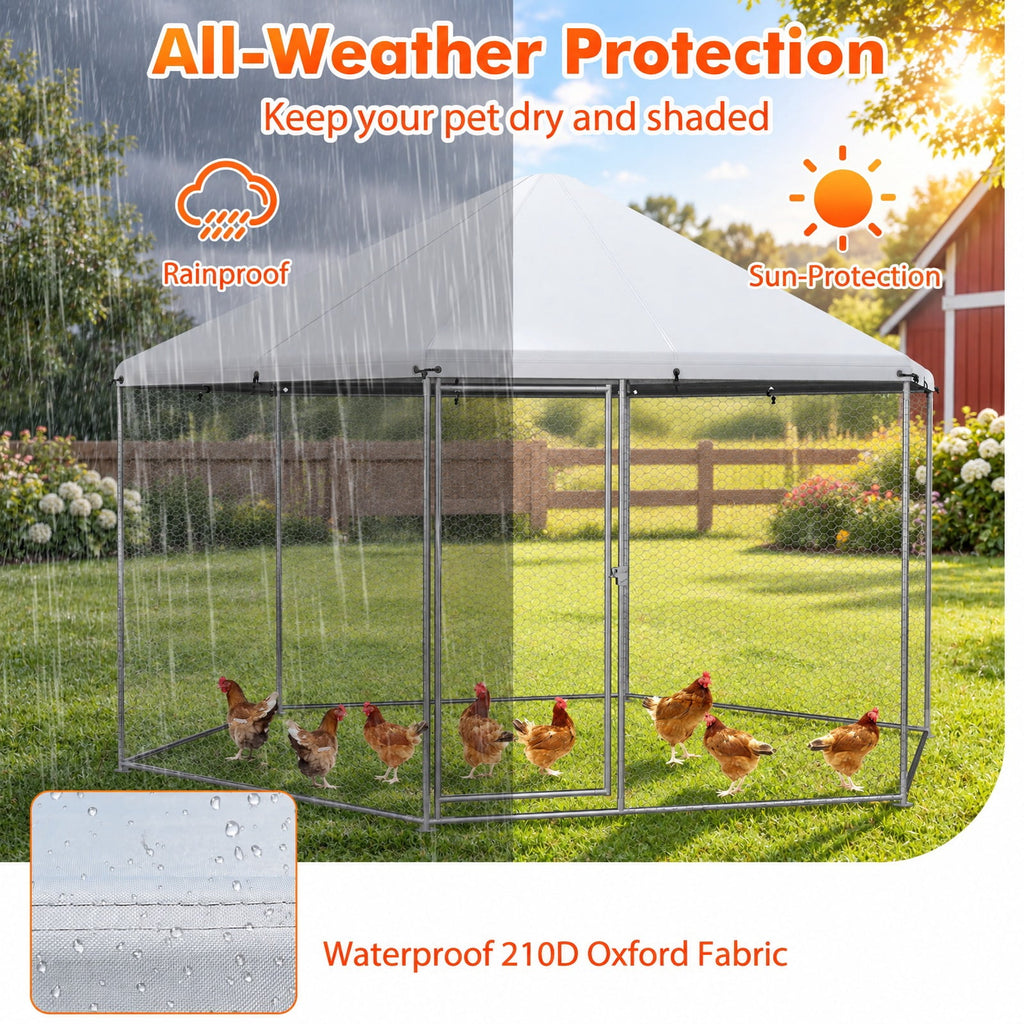 Airfind 13FT Large Metal Hexagonal Chicken Coop with Wire Mesh and Lockable Door, Galvanized Steel 210D Oxford Fabric Frame, Silver