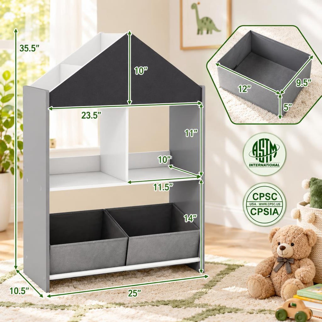 Airfind Playhouse Kids Bookshelf with Chalkboard and Whiteboard for 3-6 Years, MDF Metal Fabric Frame, Gray