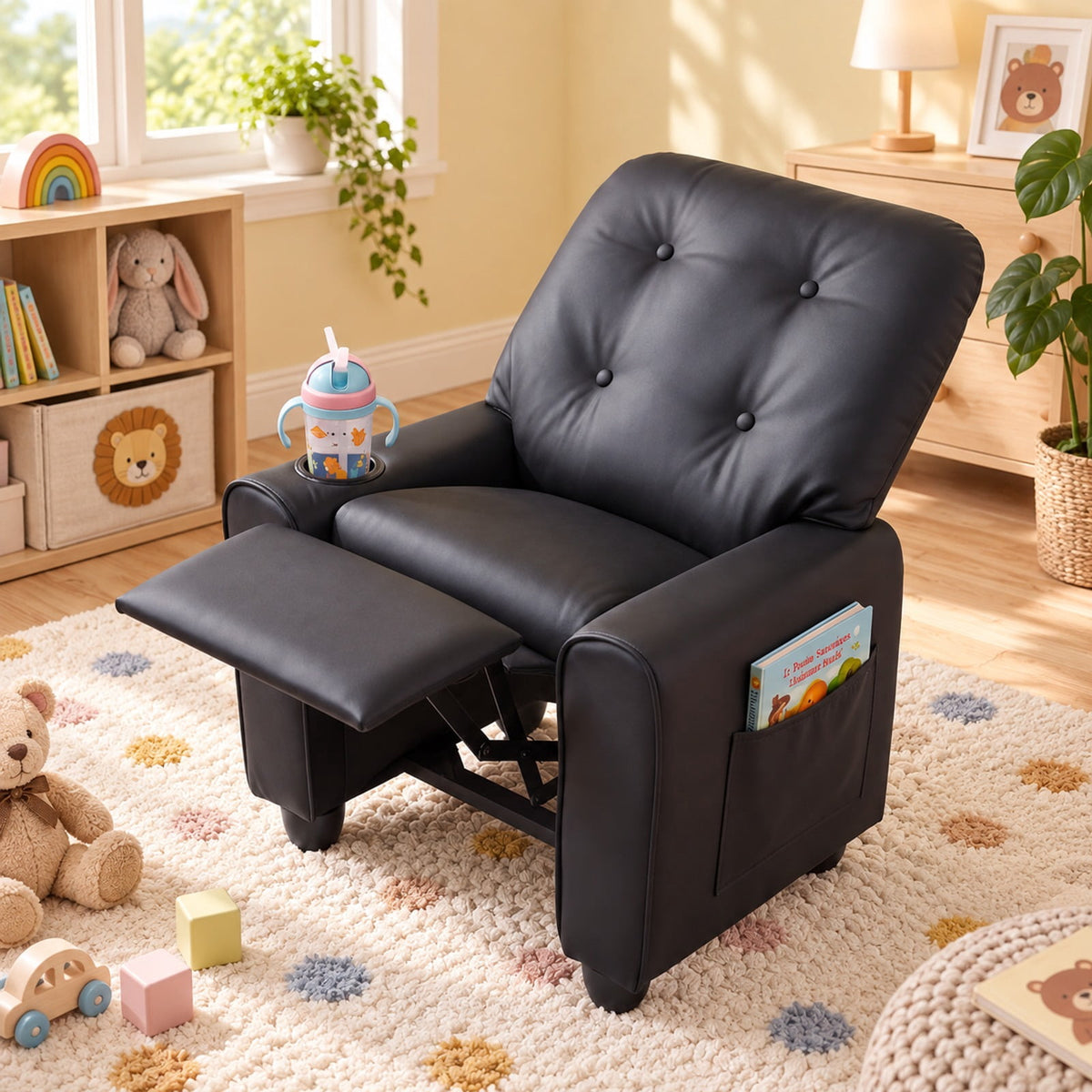 Airfind Youth Recliner Chair with Cup Holder, Side Pocket and Push-Back Footrest, PU Upholstery with Wood, Foam, PU Upholstery, and Metal, Black