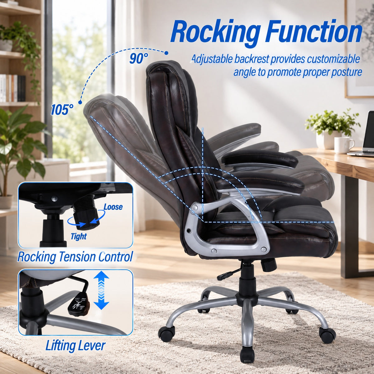 Airfind Executive Office Chair Leather Ergonomic Computer Desk Chair with Padded Seat and Armrests, 330 lbs Capacity, Brown