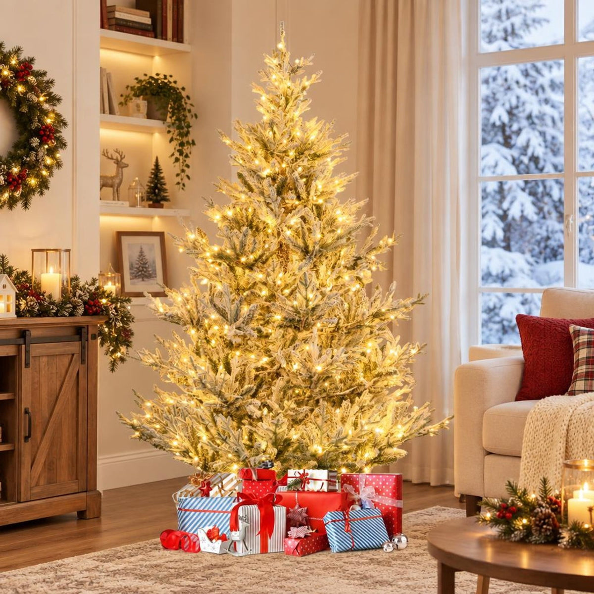 AIRFIND Pre-Lit Christmas Tree 7 ft Snow Flocked with 1074 Branch Tips, 450 Warm White LEDs, 13 Light Modes, Timer and Metal Stand