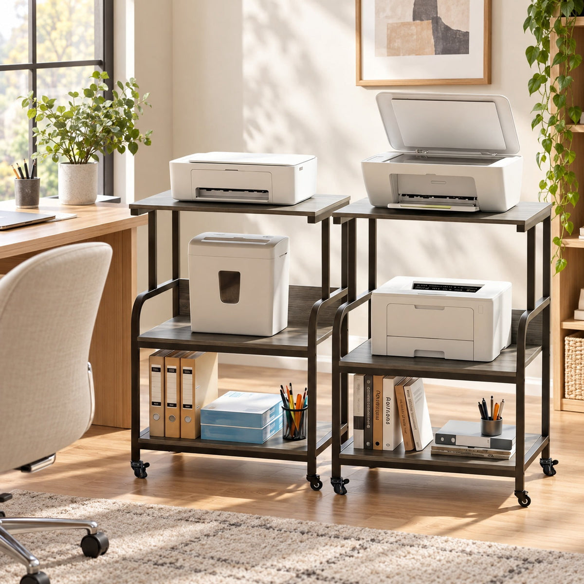 Airfind 3-Tier Rolling Printer Stand with Adjustable Shelf and Lockable Wheels, 44 lbs Capacity, Metal Engineered Wood Frame, Oak