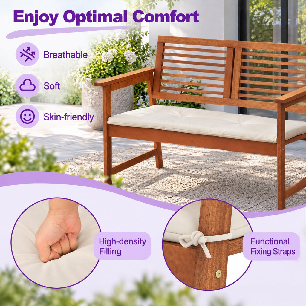 AIRFIND Outdoor Bench for 2 with Solid Wood Frame, Slatted Backrest and Tie-On Seat Cushion, 43.5 inch Patio Loveseat, Natural and Off White