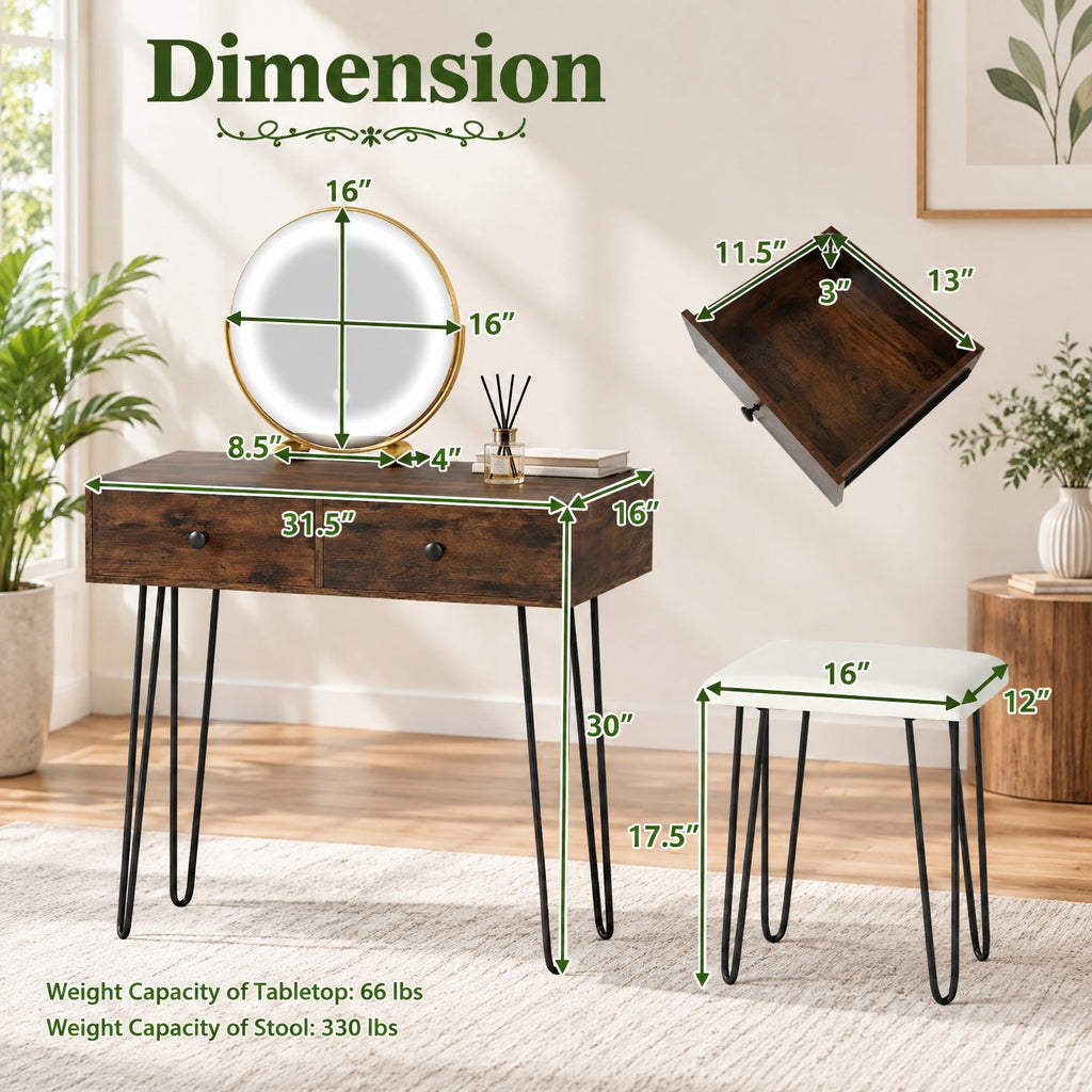 Airfind Vanity Desk with with Lighted Adjustable Mirror for Bedroom, 66 lbs Capacity, MDF Frame, 31.5 Inch x 16 Inch x 30 Inch Footprint, Brown