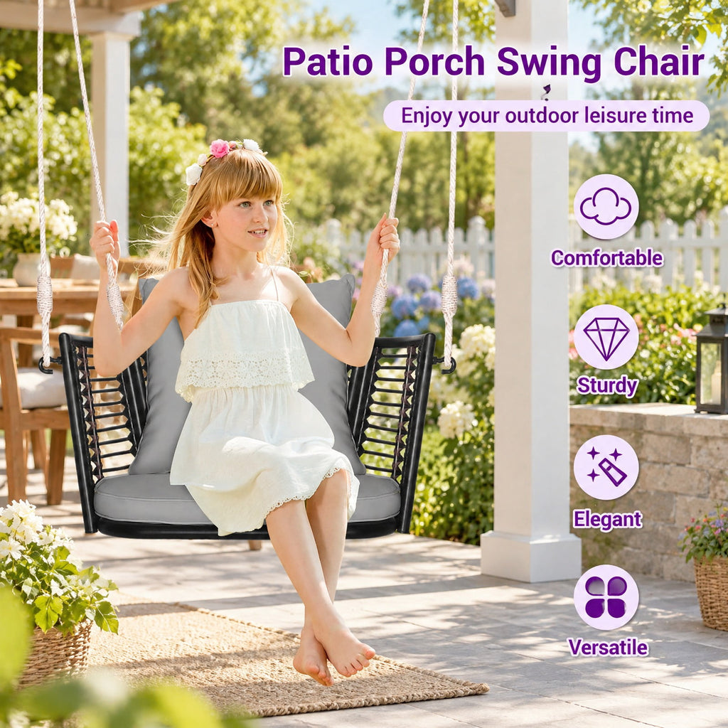 Airfind Single Person Hanging Seat with Woven Rattan Backrest for Backyard, 400 lbs Capacity, 30.5 x 24.5 x 15 Suitable Hanging Footprint, Gray