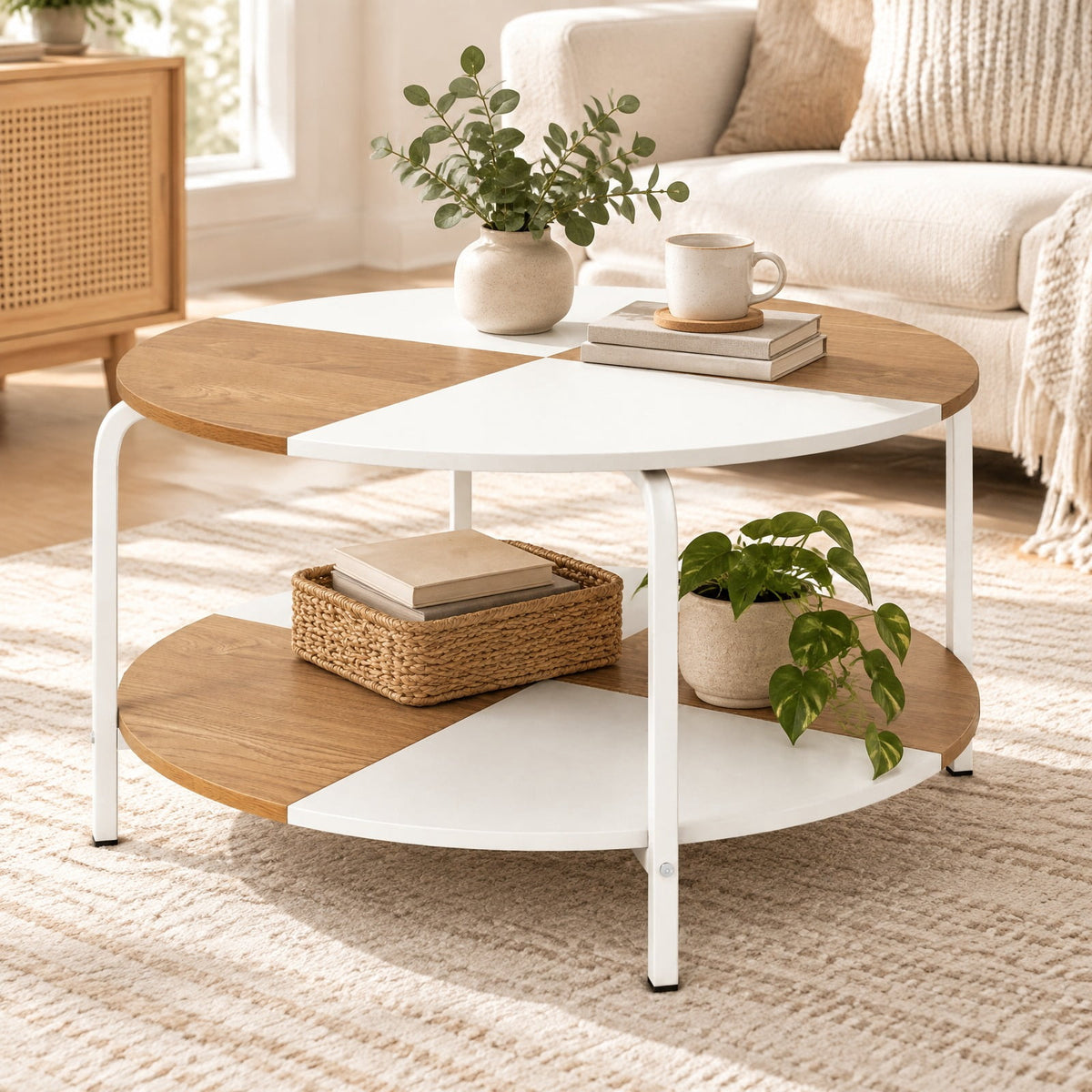 Airfind 2-Tier Round Coffee Table Metal Frame with Storage Shelf-Natural and White, 220 lbs Capacity, Engineered Wood Metal Frame, Coffee