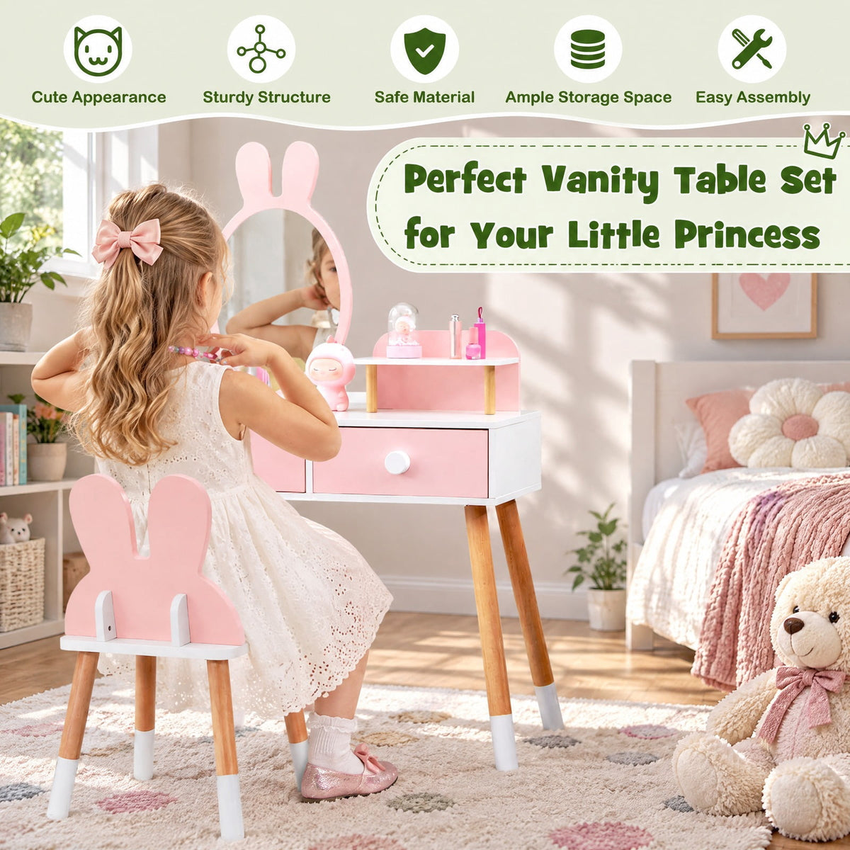 Airfind Kids Vanity Table and Chair Set with Drawer Shelf and Rabbit Mirror, 66 lbs Capacity, MDF Beech Wood Frame, Pink