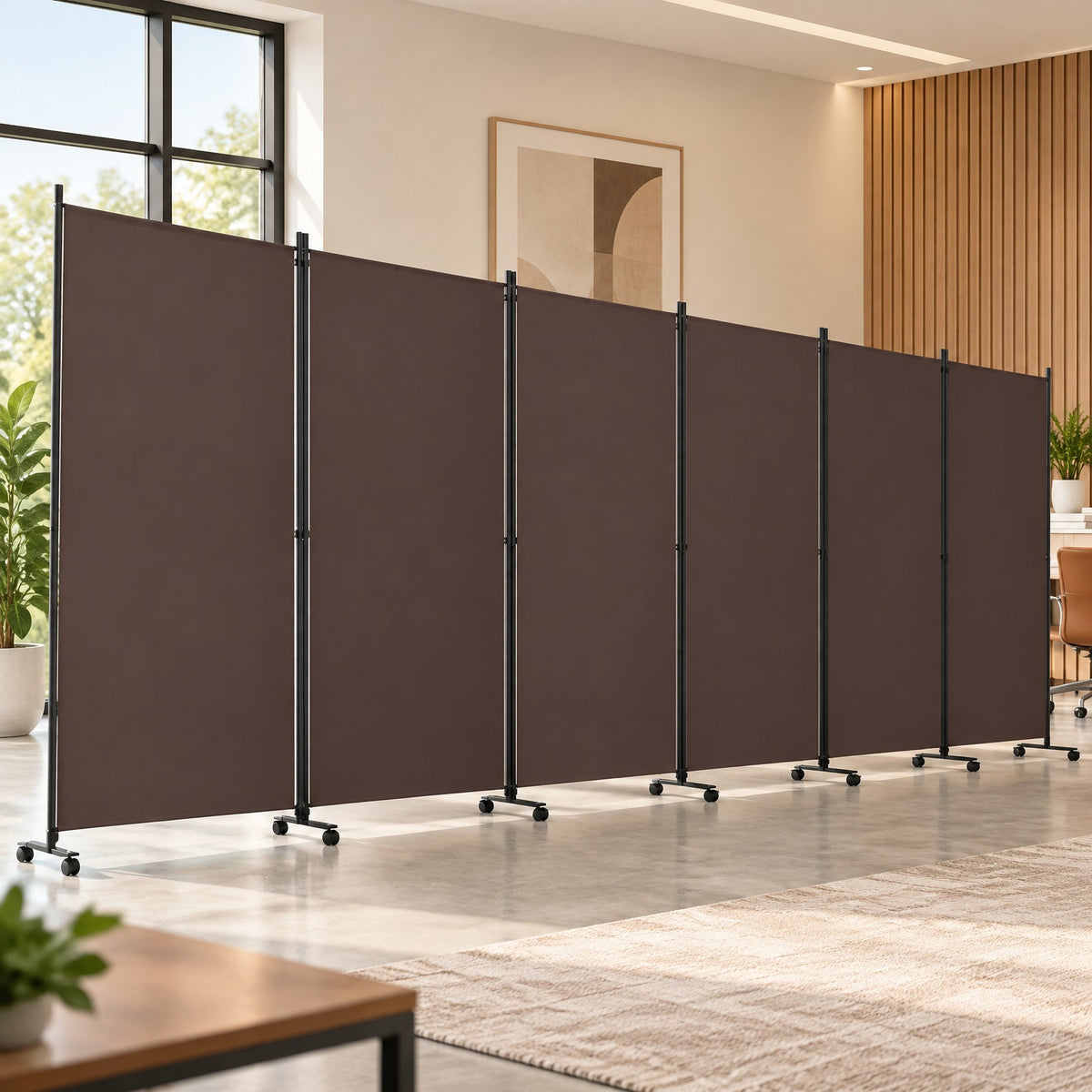 Airfind 6 Panel Folding Privacy Screen Room Divider with Wheels, Polyester Fabric Metal PP Frame, 205 x 12 x 71.5 Footprint, Coffee