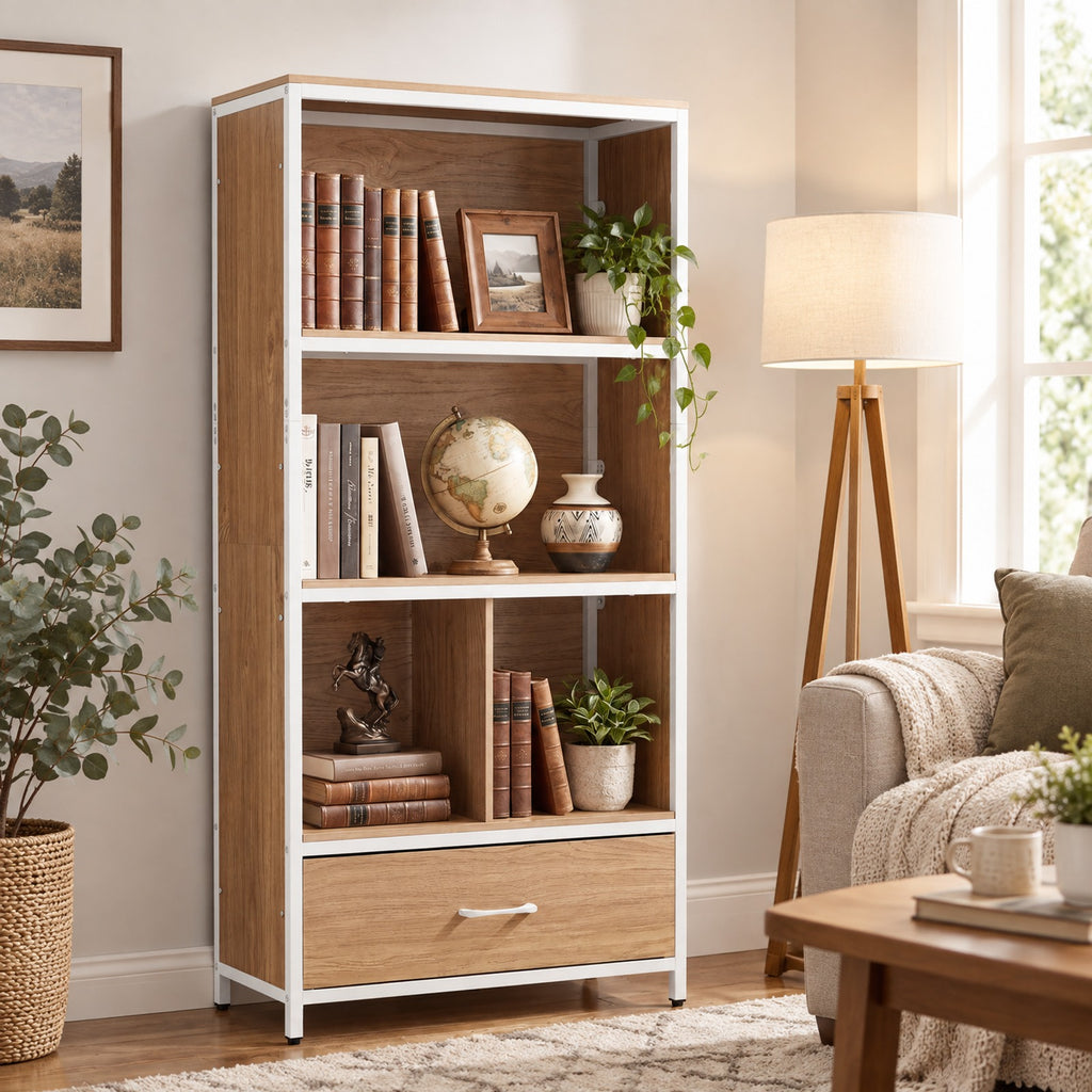 Airfind 56in Tall Freestanding Bookcase with Drawer 5 Tier, 44 lbs Capacity, Engineered Wood Metal Frame, 27in x 12in x 56in Footprint, Natural