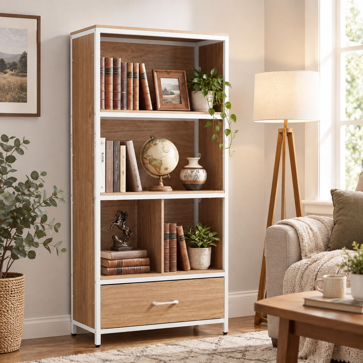 Airfind 56in Tall Freestanding Bookcase with Drawer 5 Tier, 44 lbs Capacity, Engineered Wood Metal Frame, 27in x 12in x 56in Footprint, Natural