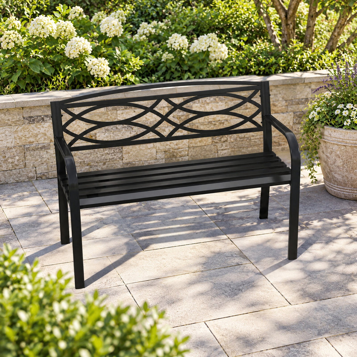 Airfind Garden Bench with Curved Armrests and Backrest, 660 lbs Capacity, Metal Frame, 19.5 x 45.5 x 32.5 Footprint, Black
