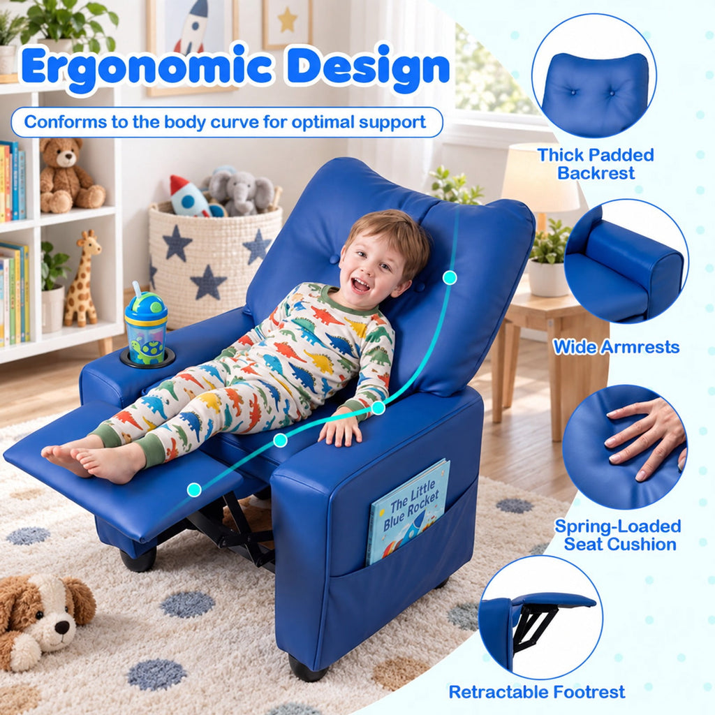 Airfind Youth Recliner featuring Cup Holder Armrests and Adjustable Backrest for Playroom, Wood Frame, 24 Inch x 21 Inch x 30 Inch Lying Footprint, Blue