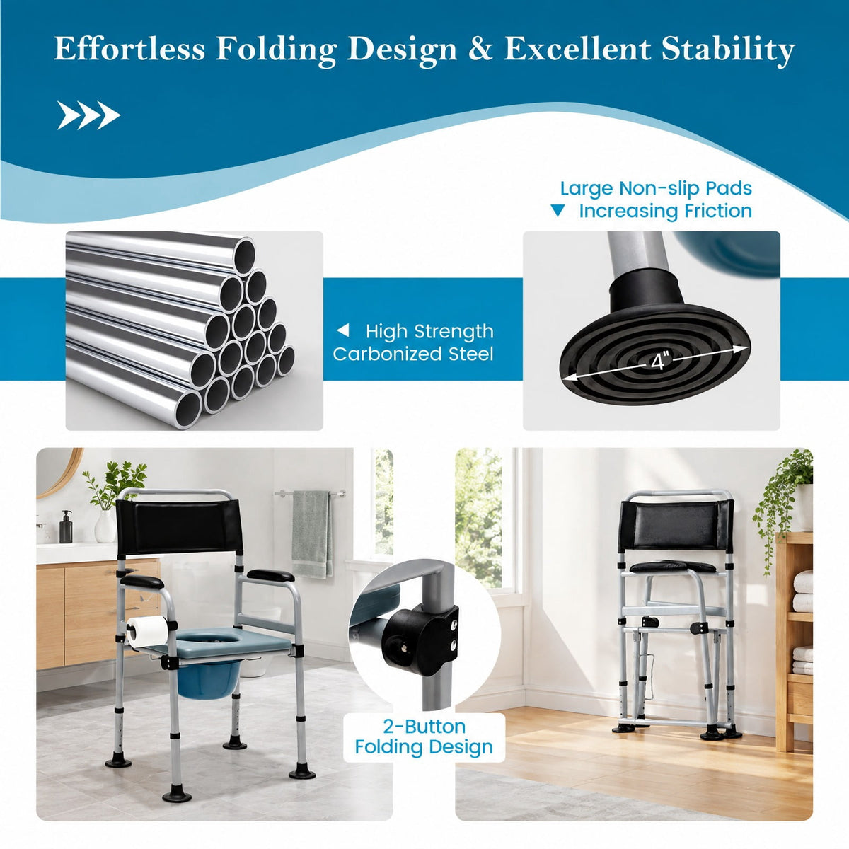 Airfind 4-in-1 Folding Bedside Commode Chair with Detachable Bucket and Towel Holder, 440 lbs Capacity, Carbonized Steel PVC Leather Frame, Silver