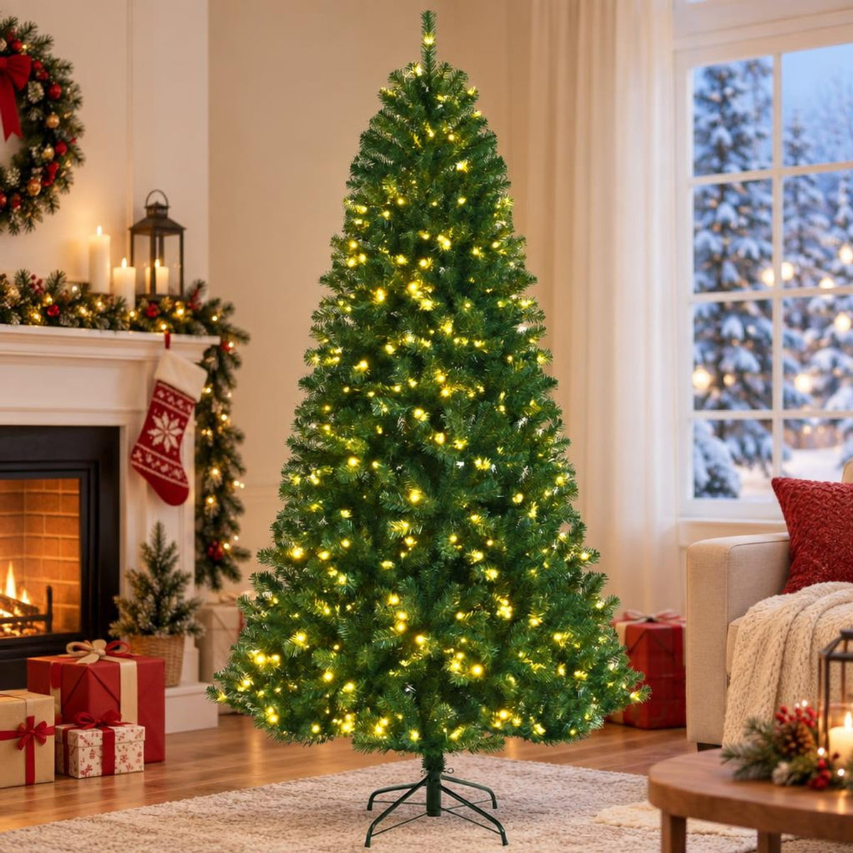 Airfind Artificial Hinged Christmas Tree with Remote-controlled Color-changing LED Lights-7ft, New PVC metal 6 Ft: Frame, 6ft x 3.1ft Footprint, Green