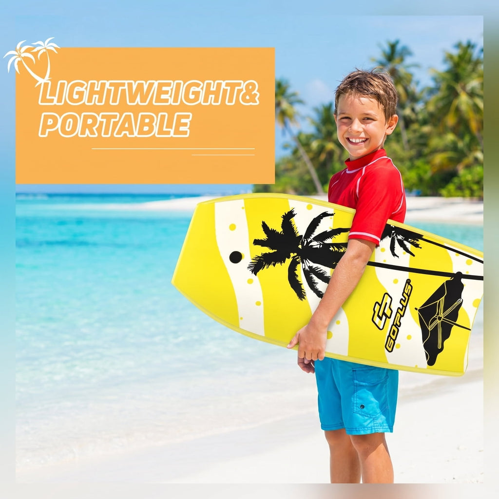 Airfind 33 Inch Yellow Surfing Bodyboard for Kids ¡ª XPE Deck, EPS Core, HDPE Slick Bottom, Crescent Tail, Wrist Leash Included