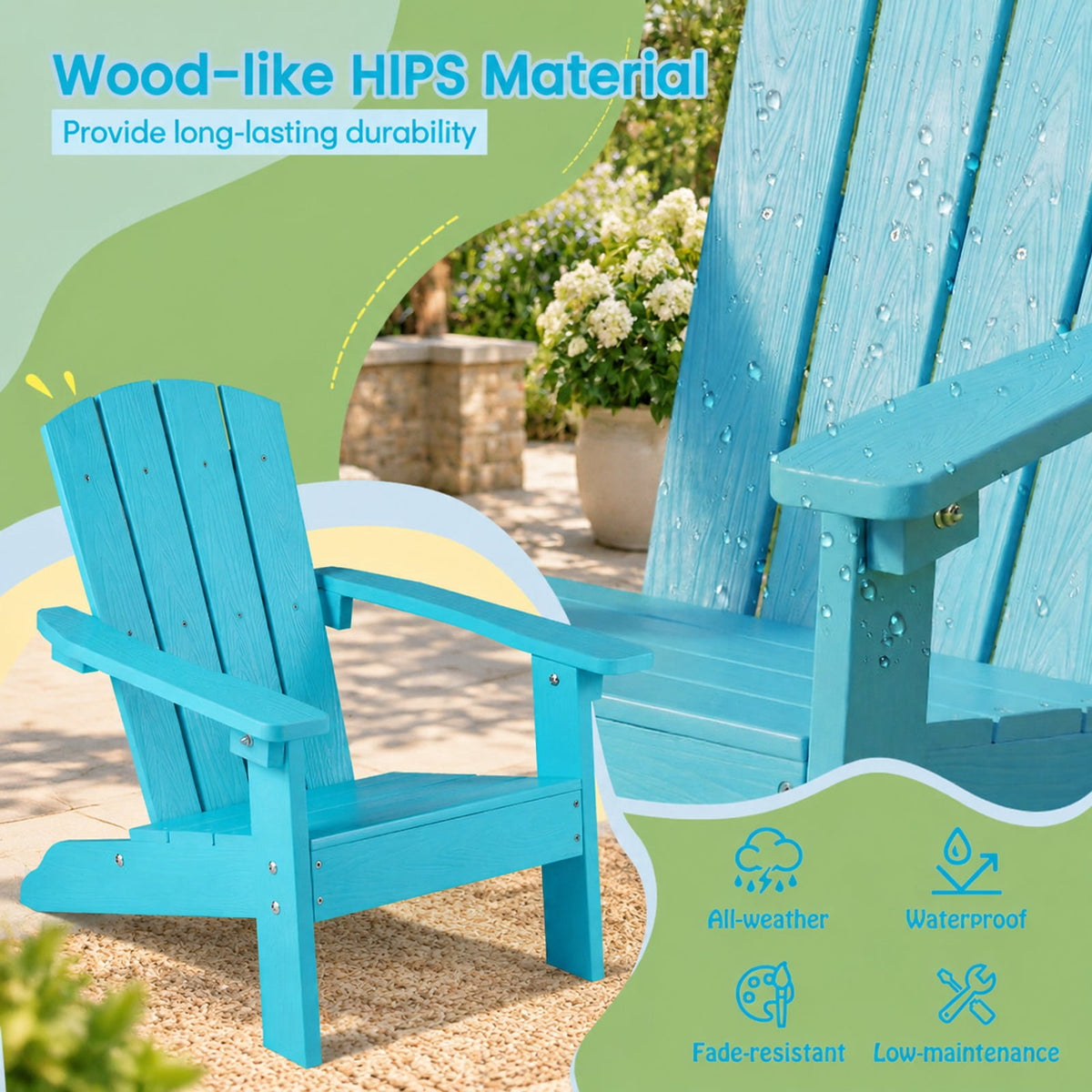 AIRFIND Kids Adirondack Chair with Slatted Back, Wide Armrests and Reinforced Base, HIPS Outdoor Seat for Ages 3 to 8, 165 lb Capacity, Turquoise