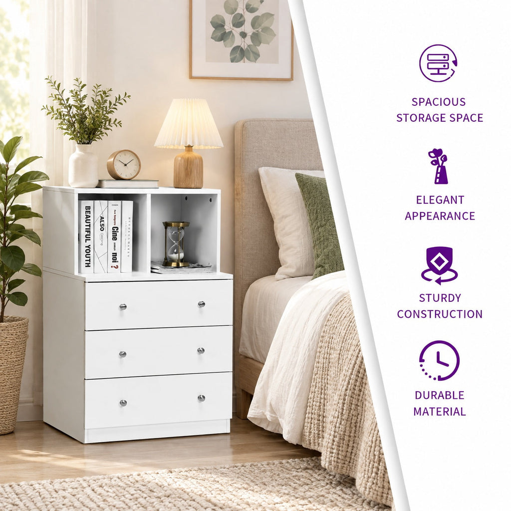 Airfind 3 Drawer Dresser with Cubbies Storage Chest for Bedroom Living Room, Engineered wood metal Frame, 24in x 16in x 37in Footprint, White