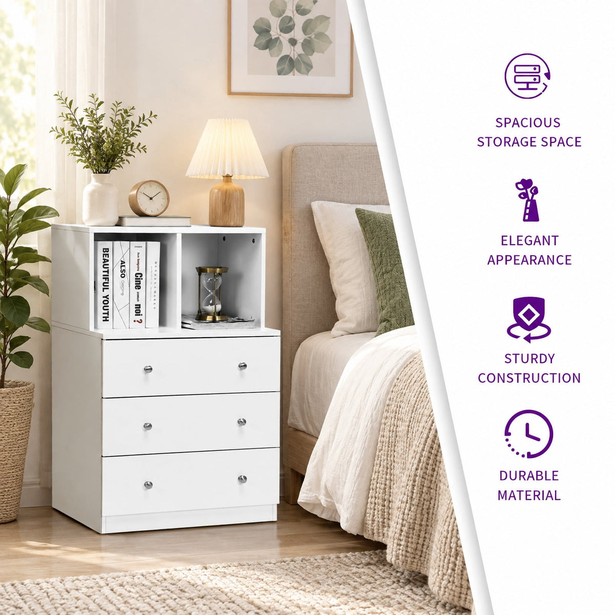 Airfind 3 Drawer Dresser with Cubbies Storage Chest for Bedroom Living Room, Engineered wood metal Frame, 24in x 16in x 37in Footprint, White