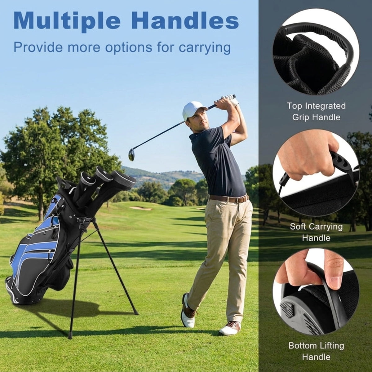 Airfind 10.5 in Golf Stand Bag with 14-Way Dividers and 7 Zippered Pockets featuring a rain hood with towel rings and dual carry straps for walking rounds, Navy