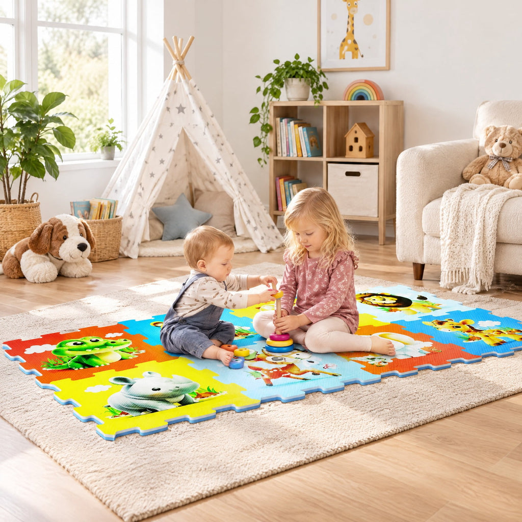 Airfind EVA Foam Baby Play Mat with 8 Interlocking Animal Shapes, Non-Slip Stackable Activity Floor Tiles for 10 Months and Up, Colorful