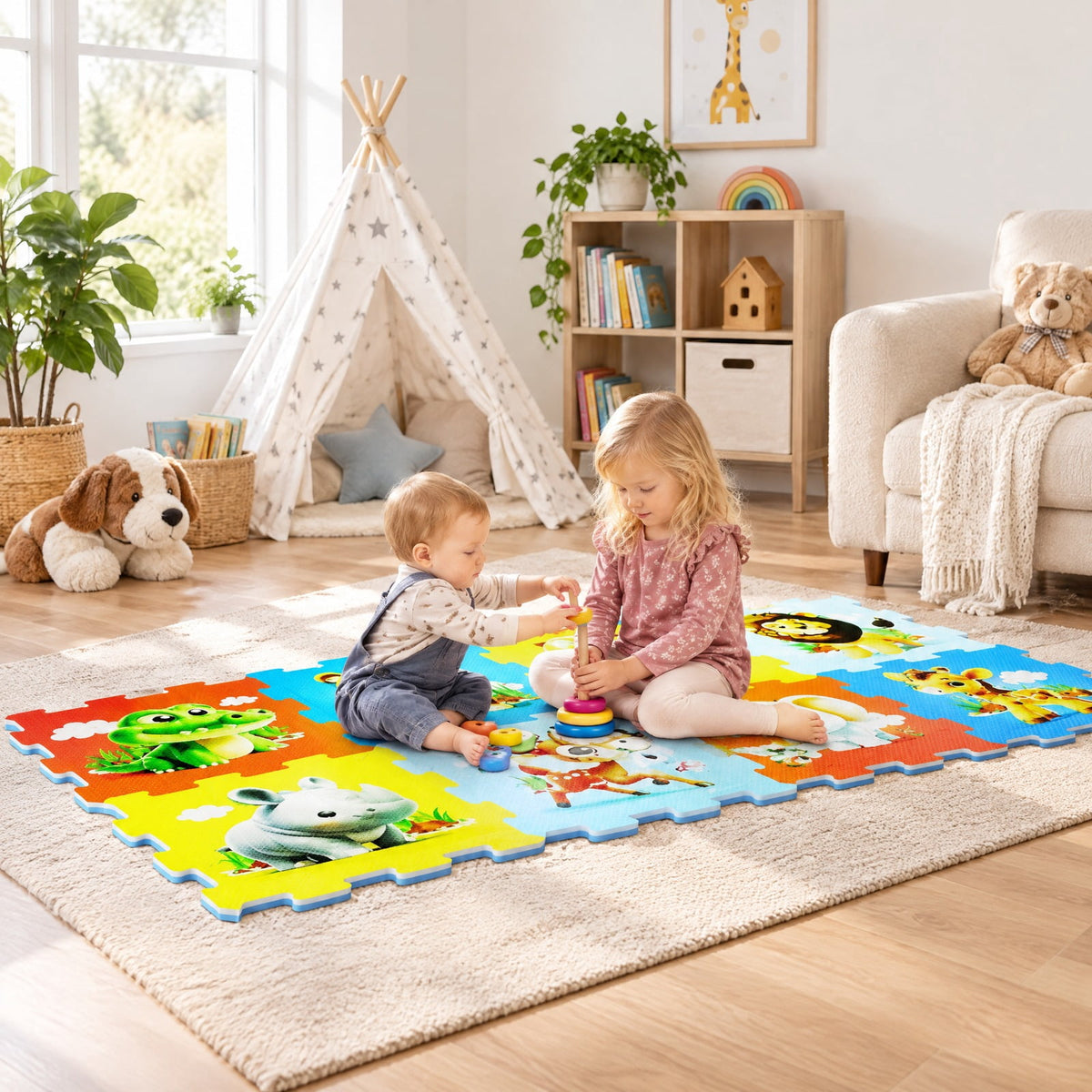 Airfind EVA Foam Baby Play Mat with 8 Interlocking Animal Shapes, Non-Slip Stackable Activity Floor Tiles for 10 Months and Up, Colorful