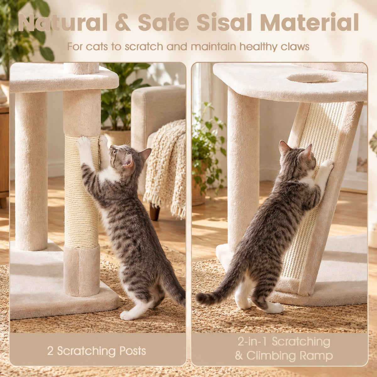 Airfind 44 Inch Tall Kitten Tower with Condo and 2 Plush Perches, 22 lbs Capacity, Engineered Wood Sponge Plush Fabric Sisal Frame, Beige