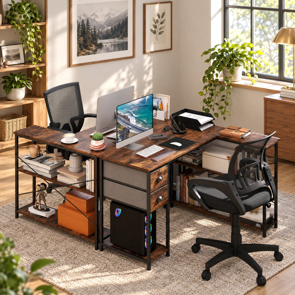 Airfind L Shaped Desk with Charging Station Corner Computer Desk with 2 Fabric Drawers, 110 lbs Capacity, Engineered Wood Metal Fabric Frame, Brown