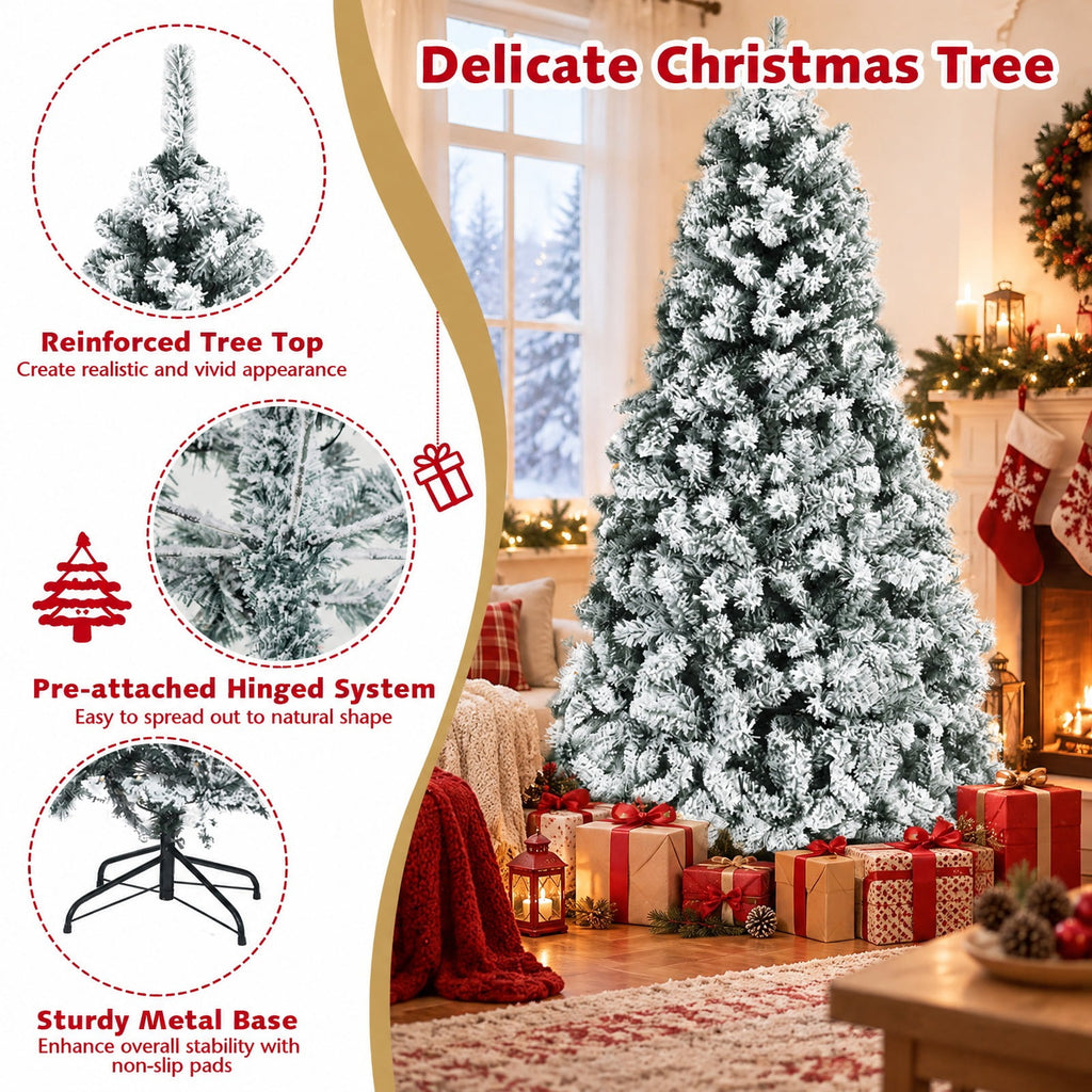 Airfind Pre-lit Snow-flocked Christmas Tree 6 Ft with Hinged PVC Branches and Metal Stand for Indoor Holiday Decor, White