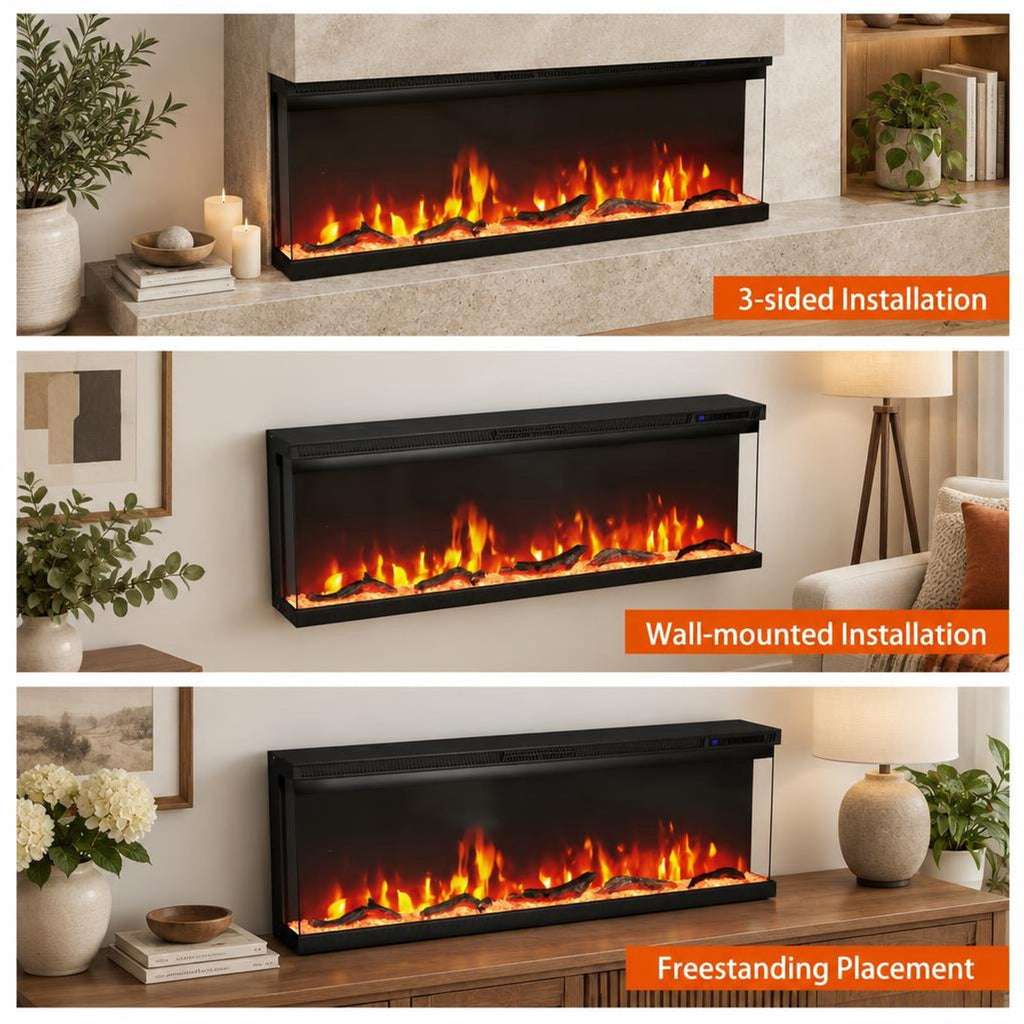 Airfind 36/40/50/60 Inch Wide 3-Sided Electric Fireplace Insert with Remote Control and 12 Flame Colors-50 Inch, Metal Tempered Glass Frame, Black