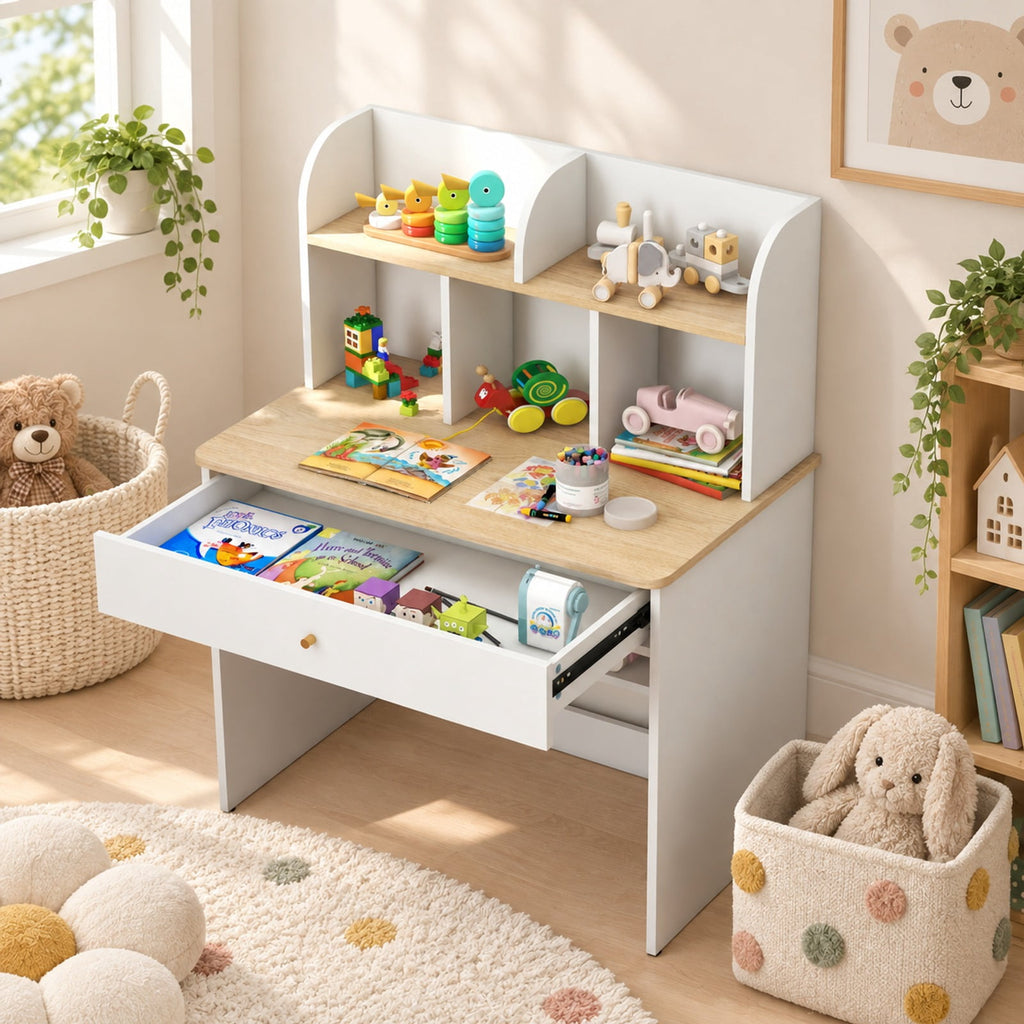 Airfind Kids Wooden Study Desk Writing Table with Hutch and Drawer, 200 lbs Capacity, MDF Engineered Wood Frame, for 3+ Years Old, White