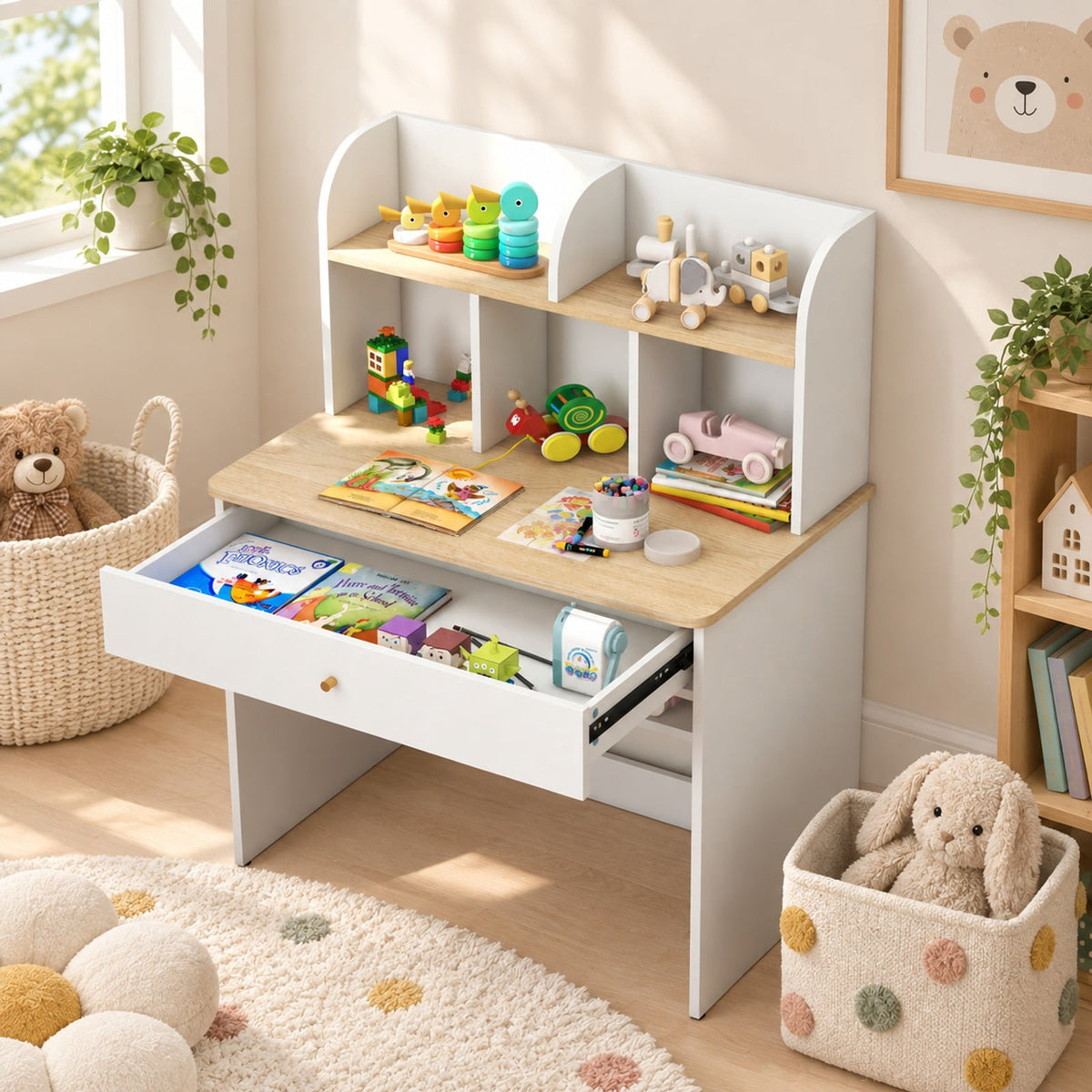 Airfind Kids Wooden Study Desk Writing Table with Hutch and Drawer, 200 lbs Capacity, MDF Engineered Wood Frame, for 3+ Years Old, White