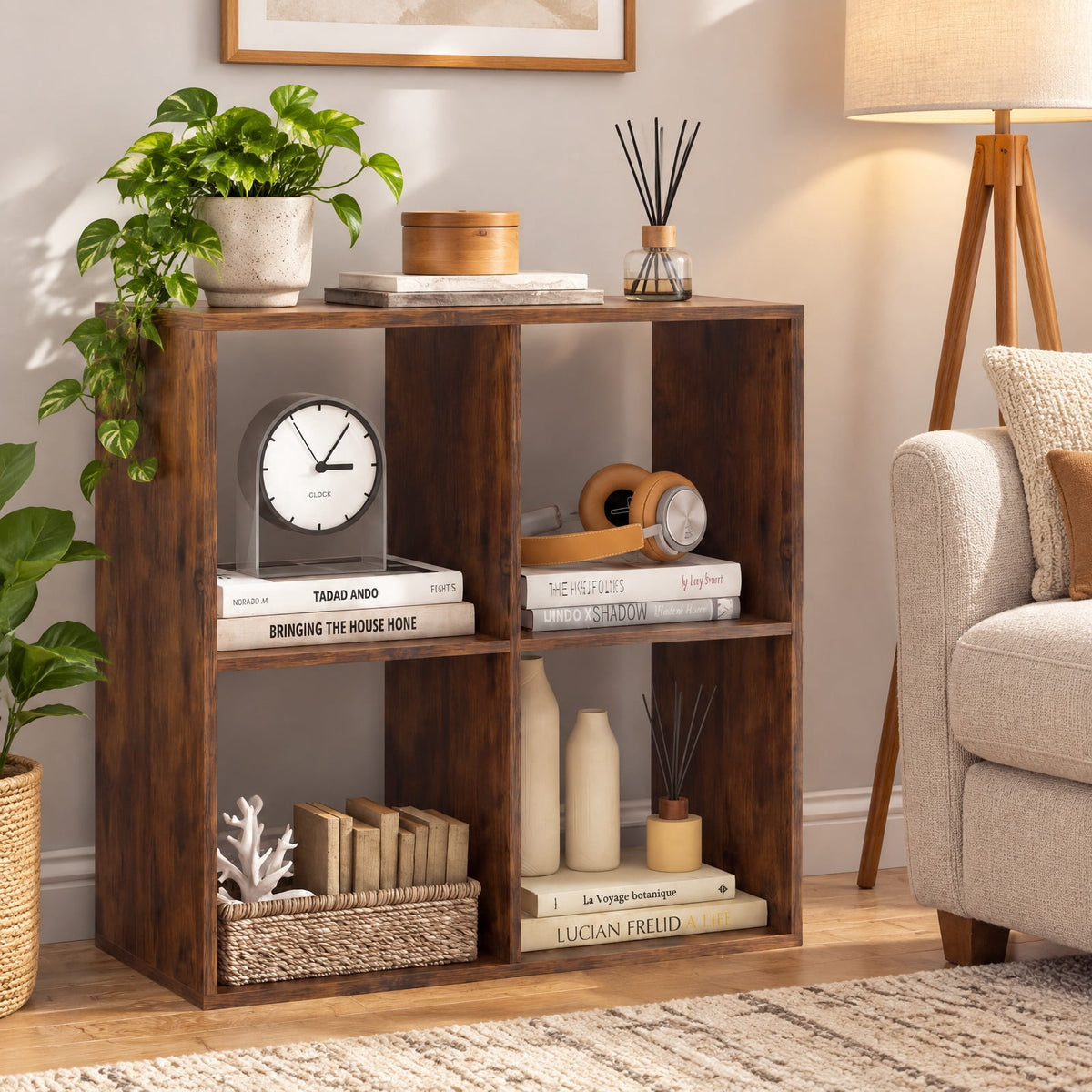 Airfind 4 Cube Bookshelf with Back Guardrail for Living Room Bedroom, 100 lbs Capacity, Engineered Wood Frame, 27.5 x 13 x 27.5 Footprint, Coffee