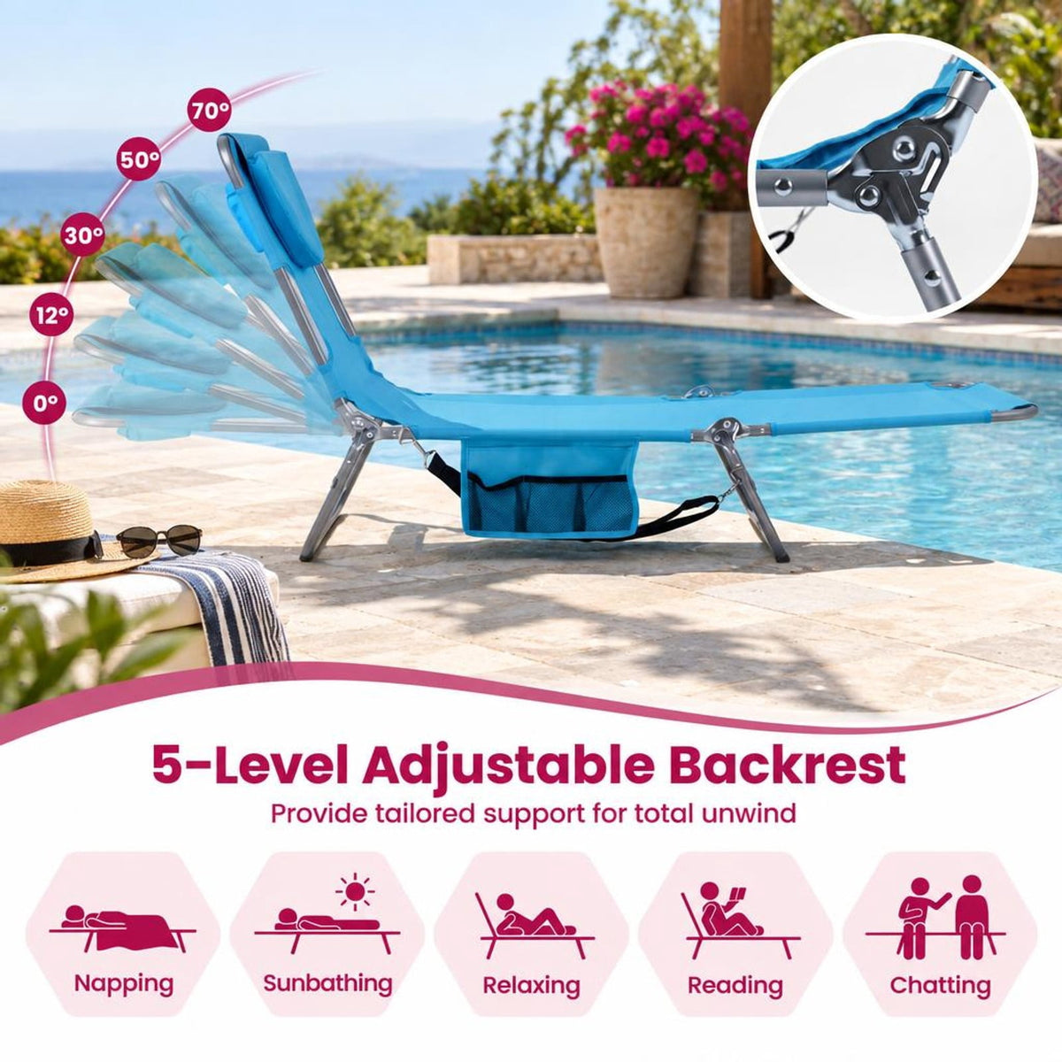 Airfind Folding Beach Lounge Chair with Adjustable Backrest for Lawn, 330 lbs Capacity, Metal Oxford Fabric Polyester Sponge Frame