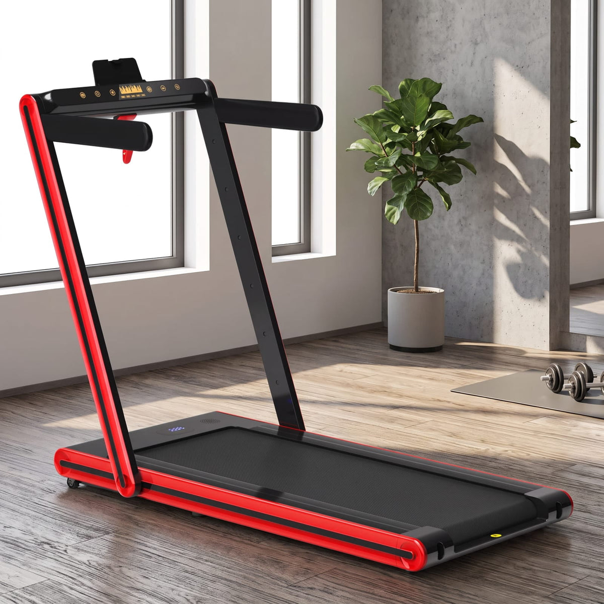 Airfind 2 in 1 Folding Treadmill with 2.25 HP Motor and Dual LED Display for Home Office Under Desk Walking and Jogging, Red