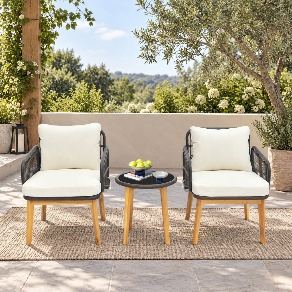 Airfind 3 Pieces Patio Furniture Set with Cushioned Chairs and Tempered Glass Side Table, 19 x 19.5 Footprint, Black