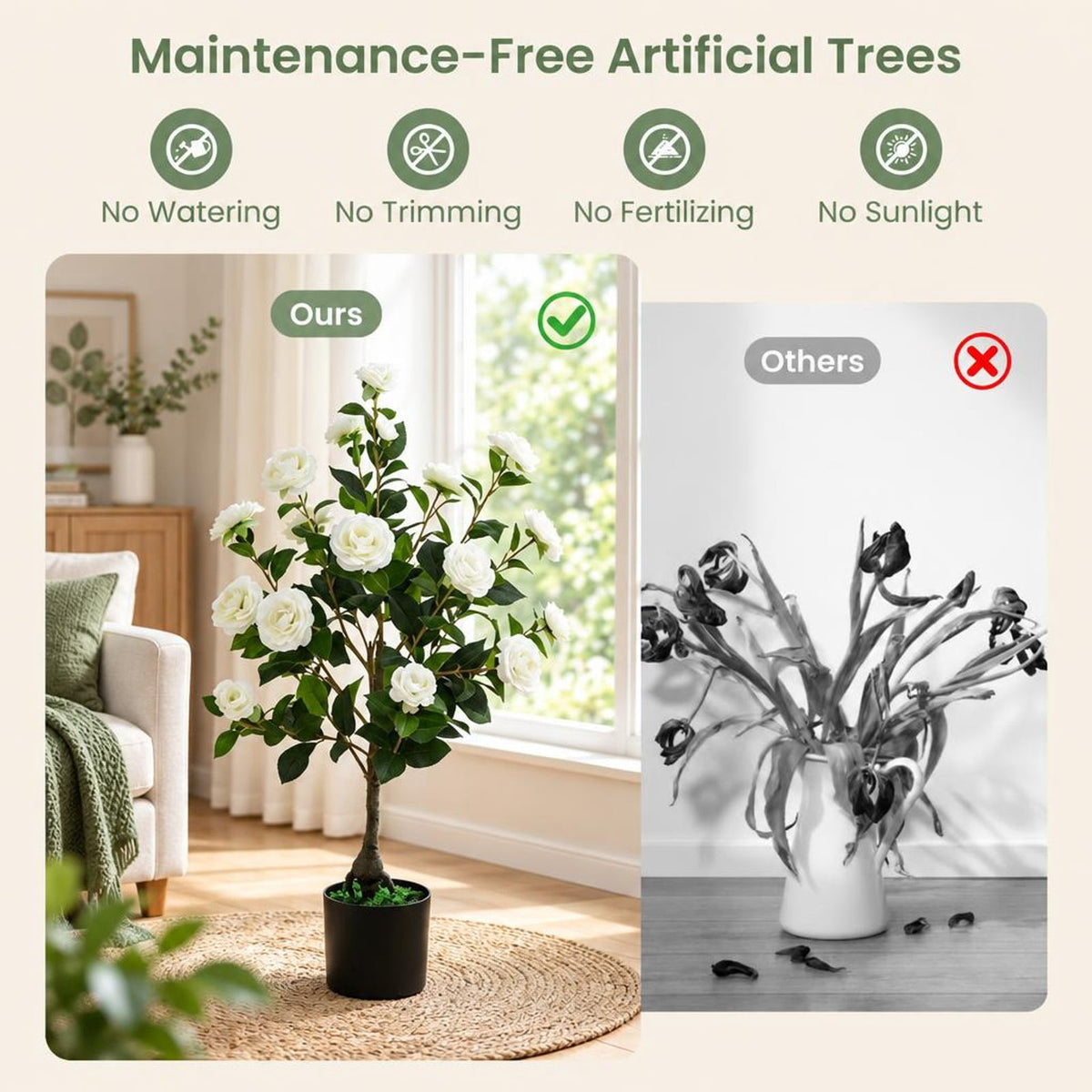 Airfind 2-Pack Artificial Camellia Tree Faux Flower Plant in Cement-Filled Pot, White, offers excellent stability and balance