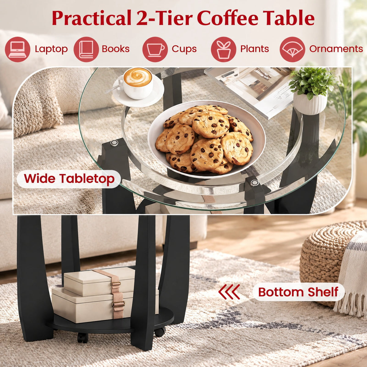 Airfind 32 Inch 2-Tier Glass Round Coffee Table with Storage Shelf, 300 lbs Capacity, Tempered Glass Rubber Wood Stainless Steel Plastic Frame, Black
