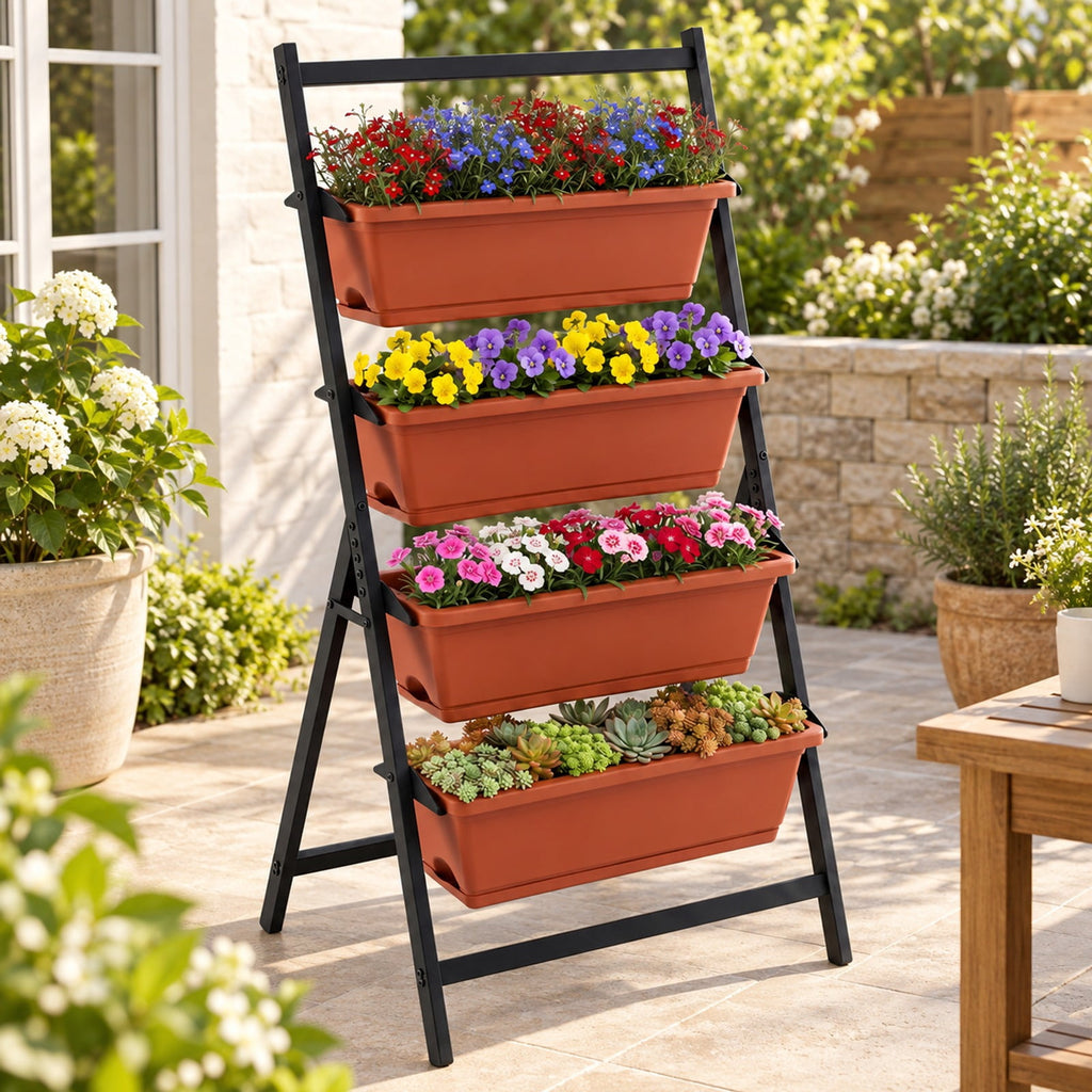Airfind 4-Tier Vertical Raised Garden Bed with Drainage Holes and 4 Containers, Plastic Metal Frame, 26 x 20 x 49 Footprint, Red