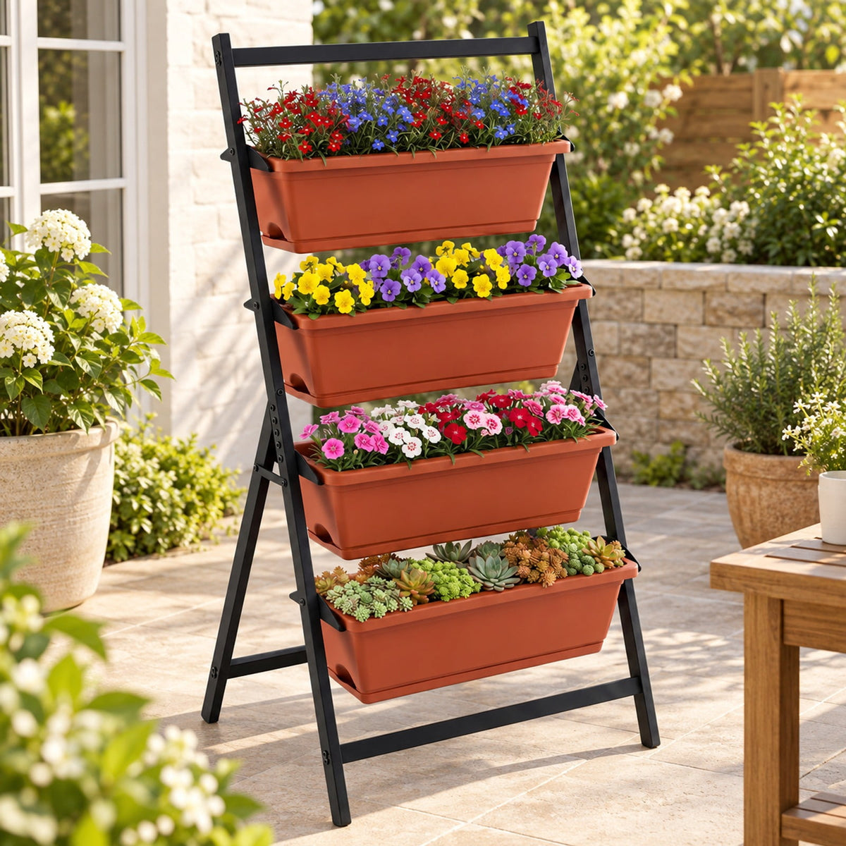 Airfind 4-Tier Vertical Raised Garden Bed with Drainage Holes and 4 Containers, Plastic Metal Frame, 26 x 20 x 49 Footprint, Red