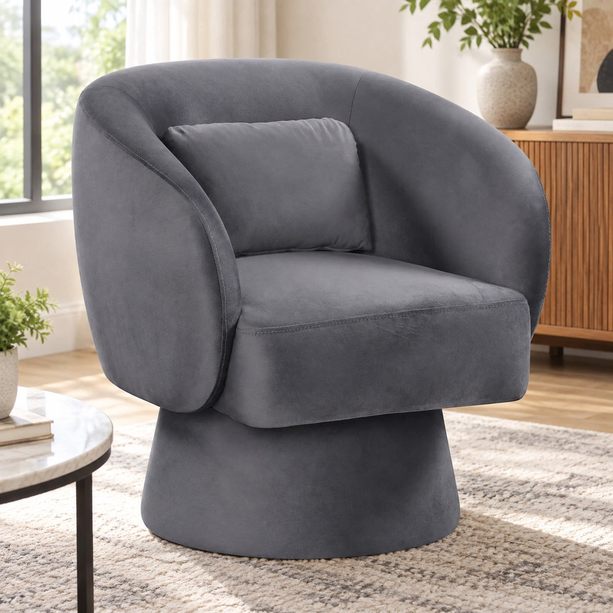 Airfind Swivel Accent Chair Upholstered Barrel Chair with Curved Back and Removable Lumbar Pillow, 400 lbs Capacity, 28.5 x 26.5 x 30.5 Footprint
