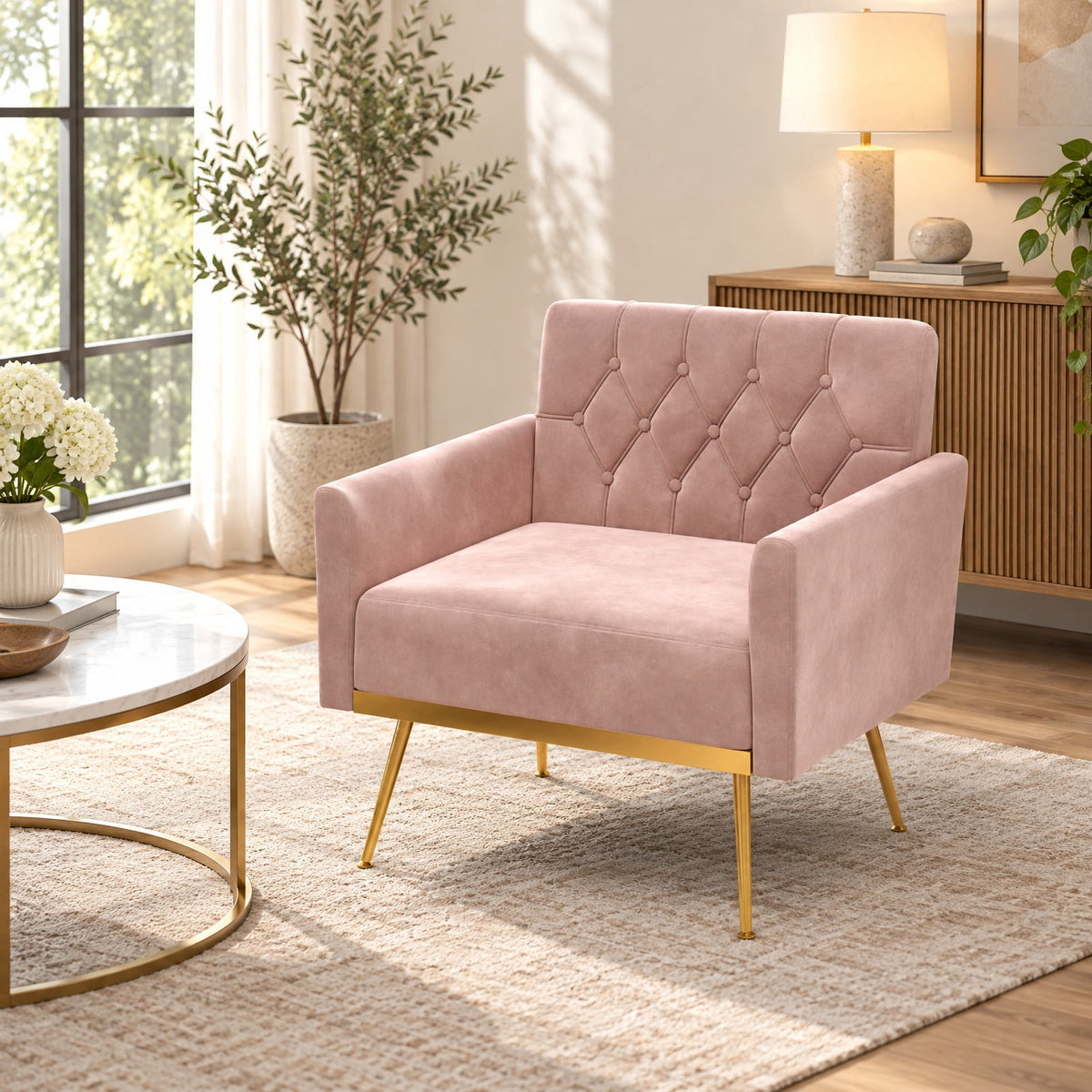 Airfind Modern Velvet Accent Chair with Button Tufted Back Golden Metal Legs and Adjustable Foot Pads, 350 lbs Capacity, Velvet Sponge Metal Frame